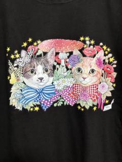 猫ちゃんたちとフラワー コットン100 Tシャツ 黒 メンズ L