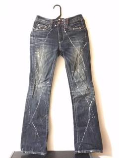 【LAGUST Sサイズ】ペイントシルバー箔加工ダメージブーツカットデニム
