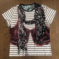 新品　騙し絵　ストライプ柄デニム風Tシャツ 半袖