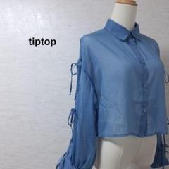 美品 ティップトップ ブラウス シャツ 袖リボン シアー シャツ ブルー