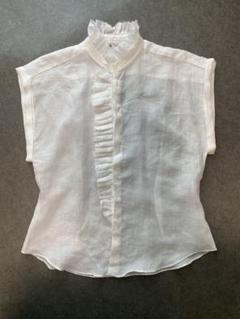 ZARA ノースリーブブラウス フリルスタンドカラー ラミー100％