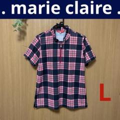 超美品★マリクレールゴルフ★チェックハーフジップ半袖シャツ★L 変形モックネック