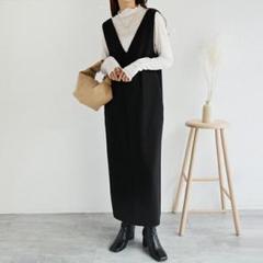さらっと素材ジャンバースカートシンプルブラックワンピース上品袖なし黒