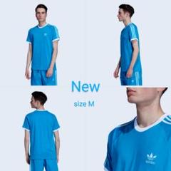 新品 M adidas originals Tシャツ 3ストライプ 水色×白