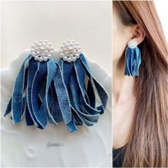 761. 大ぶり パール×ロングデニム ピアス
