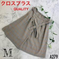 クロスプラス M フレアスカート チェック柄 腰ひも ストレッチ エレガント