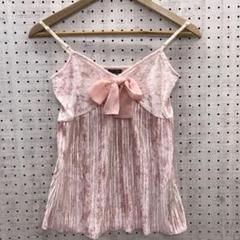 00’s Y2K 姫カジ 古着 シアーリボン プリーツベロアキャミソール