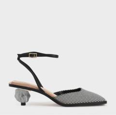 CHARLES&KEITH ジャカード&レザー スカルプチャーヒールパンプス