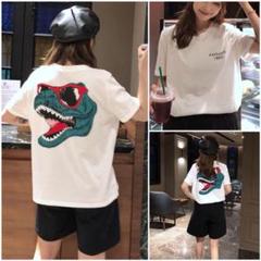恐竜 ワニ プリント ショート丈 BIG Tシャツ 白 韓国 レディース