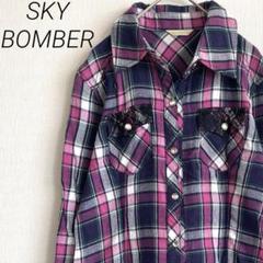 SKY BOMBER シャツ チェック柄 胸ポケット レース チュニック丈