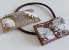 【夏限定】親子で可愛い　本革　ヘアアクセサリーセット　インド刺繍リボン風