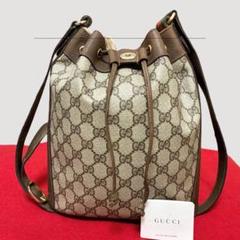 GUCCI GGスプリーム 巾着 シェリーライン ショルダーバッグ レザー 茶