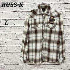 R4645 RUSS-K 【L】 チェック長袖シャツ 袖丈2WAY ロゴプリント