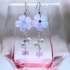 桜　ビーズ　雫　ピアス・イヤリング　ブルー　ピンク　グラデーション　春