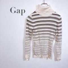 f386【ギャップ】タートルネックニット　ボーダー柄　綿混リブニット（XS）