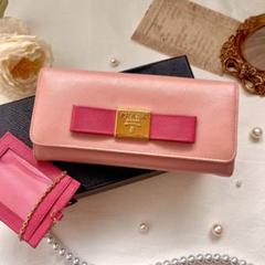 美品 PRADA プラダ サフィアーノ リボン 長財布 フラップ バイカラー