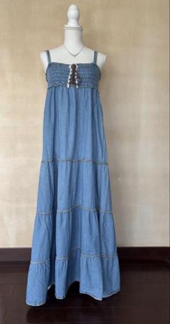 夏用デニム風素材 マキシ丈キャミティアードワンピース