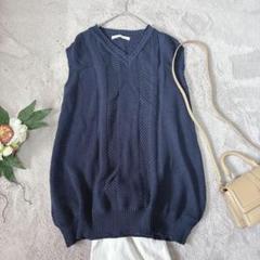 美品(L)リネンベスト/麻/ウイエ/Vネック/プルオーバー/ネイビー