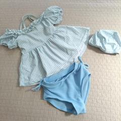 美品 120 水着 女の子 ストライプ 水色 キャップ付き 3点セット