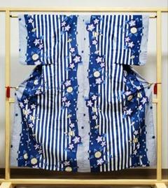 A 美品 浴衣 朝顔にストライプ模様 青色 白色 綿 夏物 着物