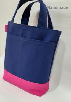帆布ミニトート　外ポケット付き（ネイビー×ピンク）ハンドメイド　内ポケット付き