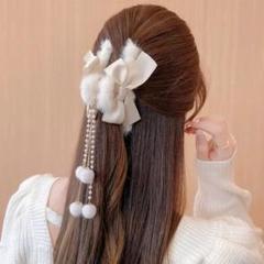 ヘアクリップ パール チェーン リボン ヘアアクセリー 髪留め もこもこ 白