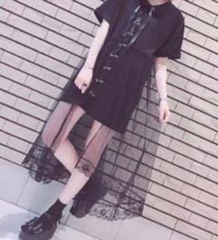 アンクルージュ 半袖 チュールカットワンピース【Ｍ】黒 レースリボン 春夏秋冬