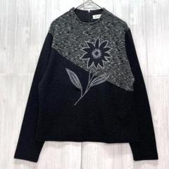 EMA MODA ハイネック切り替えニット　花柄刺繍　黒　M
