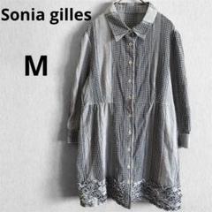 M チェック ストライプ パッチワーク フリル チュニックブラウス ロングシャツ