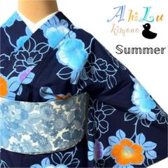 【E6139】浴衣 着物 綿 夏 単衣 濃紺 水色 オレンジ 対象身長～153㎝