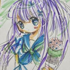 新作手描きイラスト。中色紙。食べかけアイスをあげようとする女の子