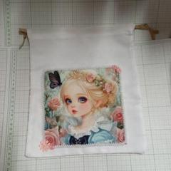 美少女パネル生地花装飾 巾着袋