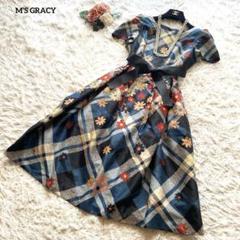 美品✨エムズグレイシー ワンピース 花柄 チェック リボンベルト