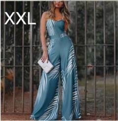 新品☆リーフ柄♪オールインワン ブルー XXL
