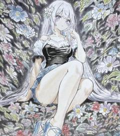 手描きイラスト オリジナル 水彩イラスト 花と蝶と少女（大