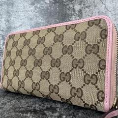 [GUCCI] GGキャンバス ラウンドファスナー長財布 ピンク