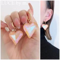 1055 大ぶり ベビーピンク ハート キラキラ キャッチレスフープピアス
