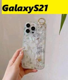GalaxyS21 ハンドストラップ ベルトリング Galaxyケース総柄葉っぱ