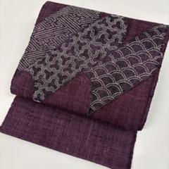 名古屋帯 刺繍花模様 汕頭刺繍 相良刺繍 紬 緋色 O-4049