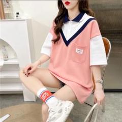 ピンク Vネック レディースポロシャツ XL