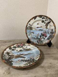 明治　手描き　夫婦雁と牡丹　大皿　2枚　縁起　時代　〈検 横濱焼　隅田焼　眞葛焼 明治 手描き 夫婦雁と牡丹 大皿 2枚 縁起 時代 〈検 横濱焼 隅田