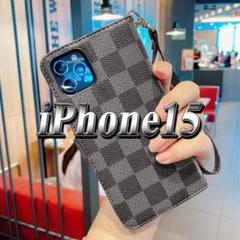 iPhone15 手帳型 カバー スマホ iPhoneケース 黒 チェック柄