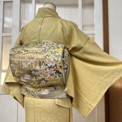 山下織物扇芝草蝶模様鹿の子袋帯着物032a p