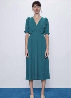 ZARA プリーツシフォンワンピース　エメラルドグリーン 半袖　M