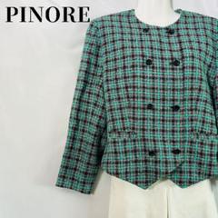【レトロ】PINORE ターコイズチェック リネンブレンドジャケット ノーカラー
