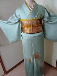 訪問着駒刺繍結び紐鼓扇面花文暈し染め金銀彩鈴乃屋扱い未使用