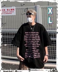 Tシャツ メンズ 男女兼用 英字プリント 大きめ ストリート カジュアル 黒