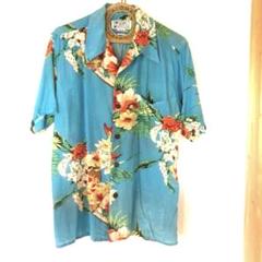80'sアロハシャツ　ブルー　フラワー柄　日本サイズＬ