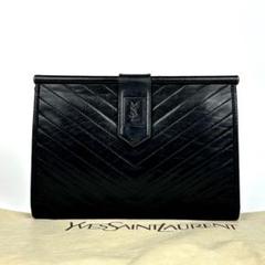 【美品】 イブサンローラン 長財布 がま口 レザー ゴールド金具 ネイビー 美品】 イブサンローラン 長財布 がま口 レザー ゴールド金具
