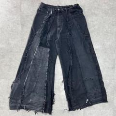 リメイクデニム ブラックデニム ワイド フレア 再構築 M 黒